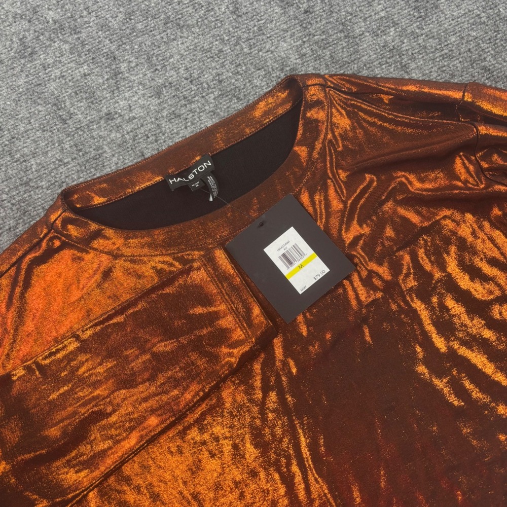 Halston Top Medium Rust Metallic Long Sleeve Crew Neck Women NEW